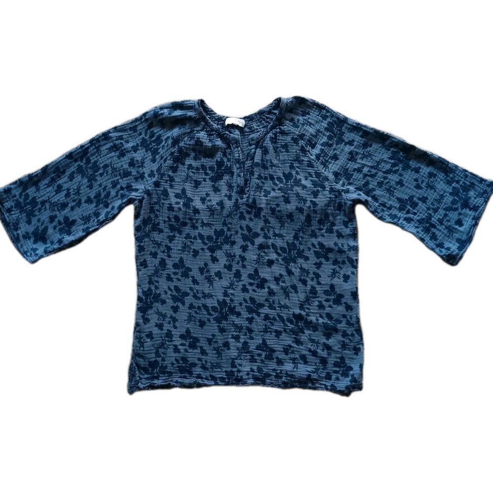 Michael Stars Top Women Large Blue Floral Gauze Vneck Fringe Peasant Coastal